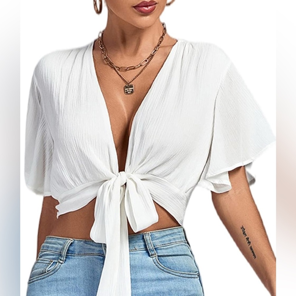Deep V Neck Ruffle Sleeve Tie-Front Crop Top